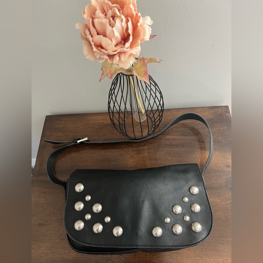 FURLA Vintage Rare Black Leather Ball Studded Flap Shoulder Bag